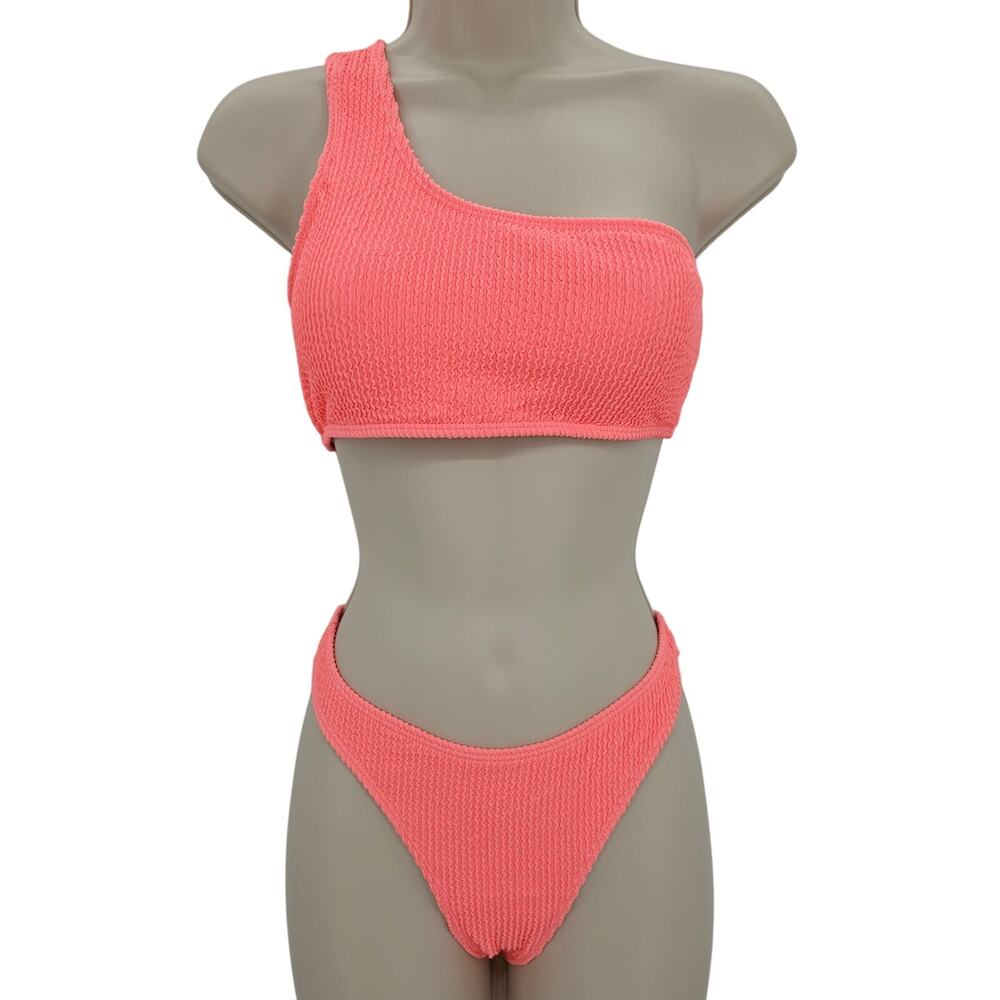 Cupshe Womans size S Crinkle Ribbed One Shoulder High Cut Bikini Peachy Pink NEW